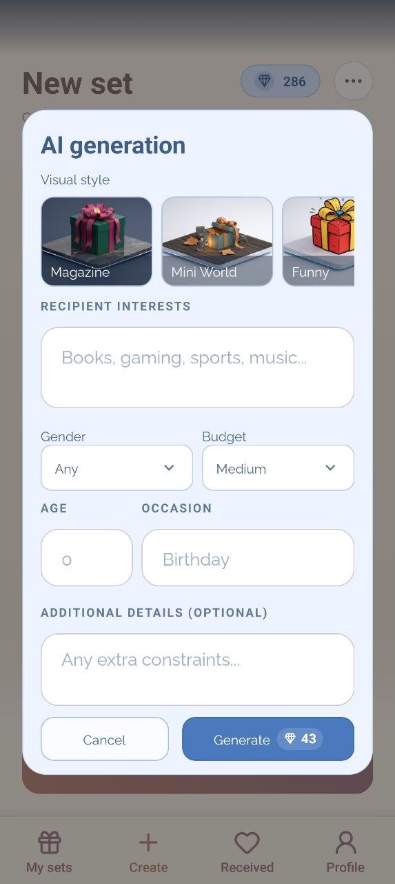 Pantalla del asistente IA en Giftopus