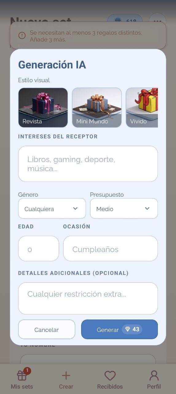 Pantalla del asistente IA en Giftopus