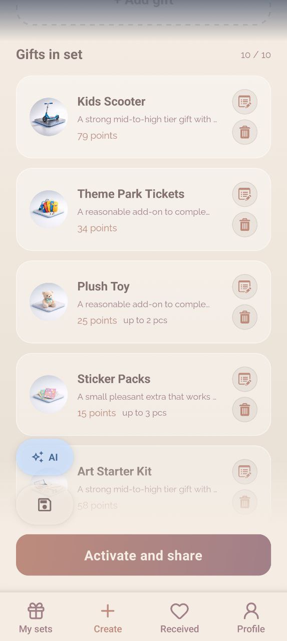 Pantalla de creación de selección en Giftopus